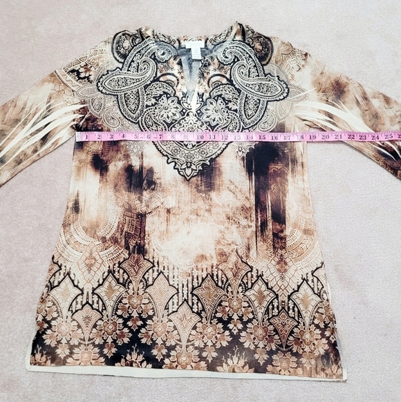 Chico's (1) Womans Tunic Top Jeweled/Beaded Brown Paisley Made In USA Size Small - Picture 10 of 13